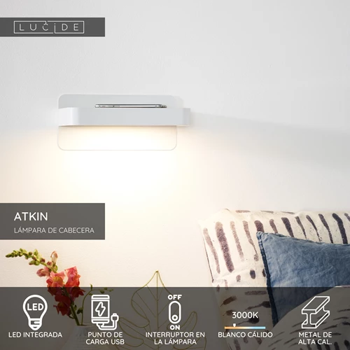 Lucide ATKIN - Lámpara de cabecera / Lámpara de pared - LED - 1x6W 3000K - Con punto de carga USB - Blanco - USP